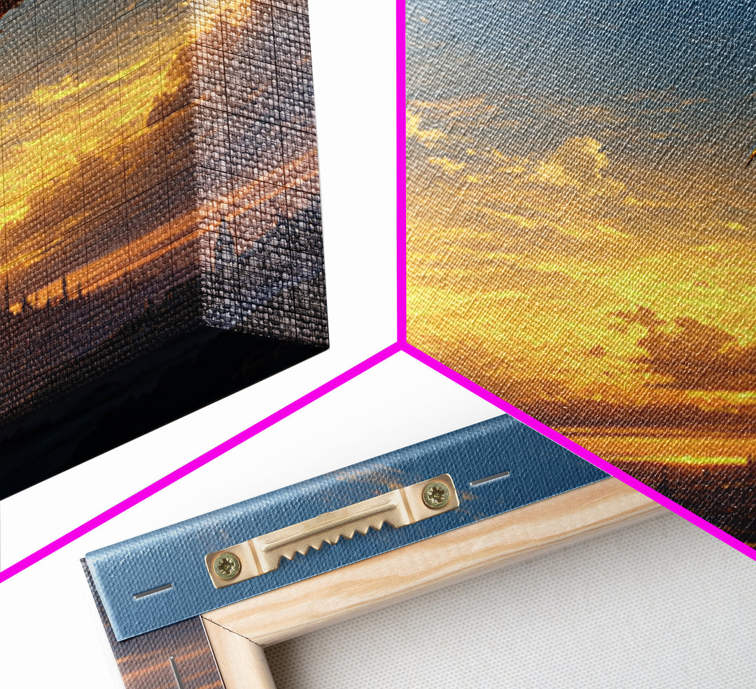 Lone Dragon Over Golden Horizon Wall Art, Fantasy Landscape Canvas Print, Sunset Castle Decor, Serene Coastal Artwork For Living Room