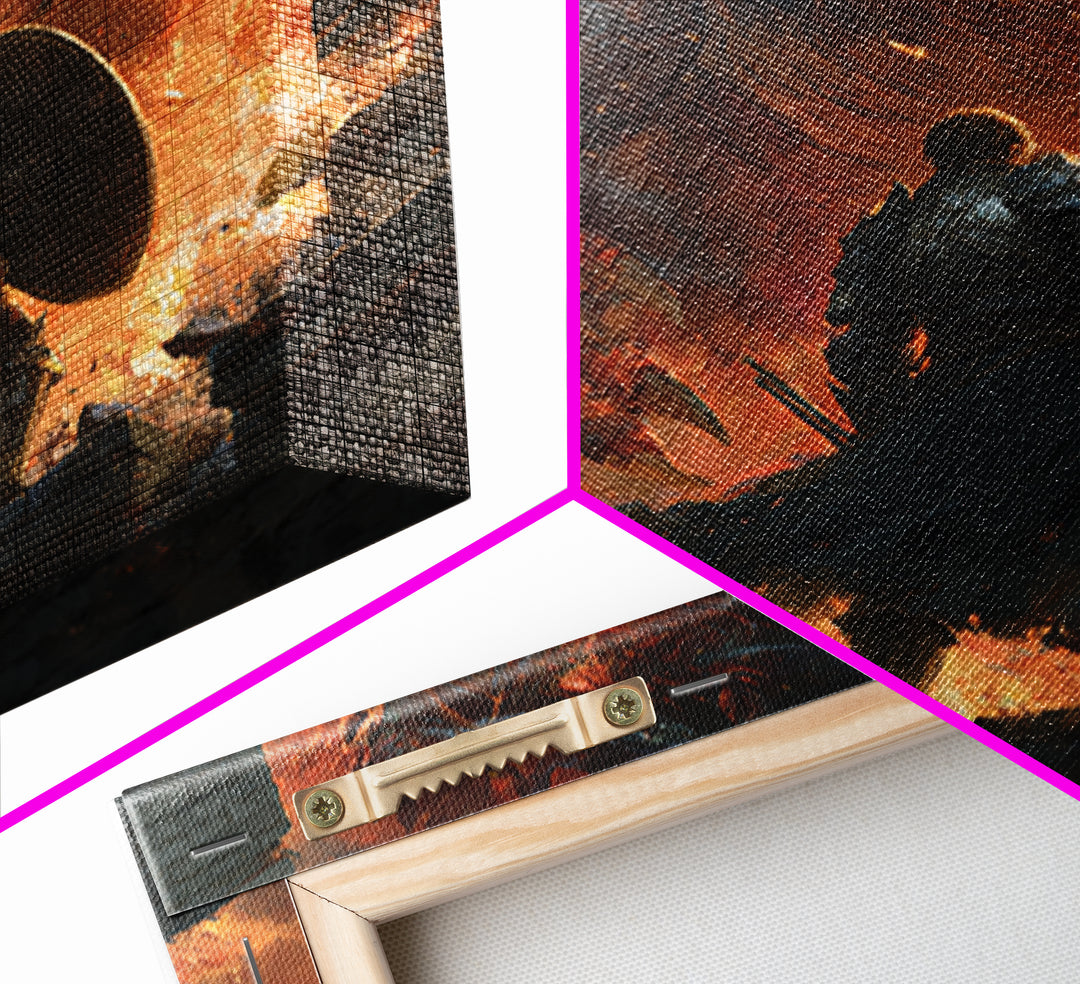 Knight Facing Fire Dragon Wall Art, Dark Fantasy Canvas Print, Medieval Battle Decor, Large Gothic Gamer Room Gift For Him