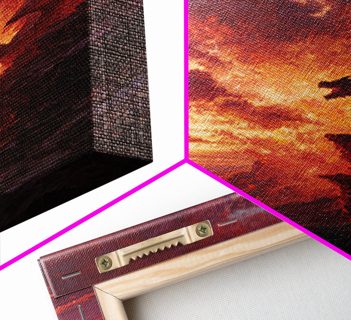 Red Dragon At Volcanic Sunset Wall Art, Dark Fantasy Canvas Print, Lava Landscape Decor, Large Moody Gamer Room Gift For Him