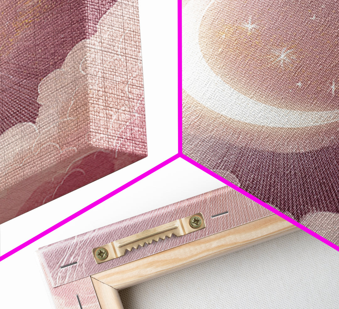 Crescent Moon In Pink Clouds With Stars Wall Art, Celestial Nursery Decor, Mystical Pastel Bedroom Print, Boho Moon Gift