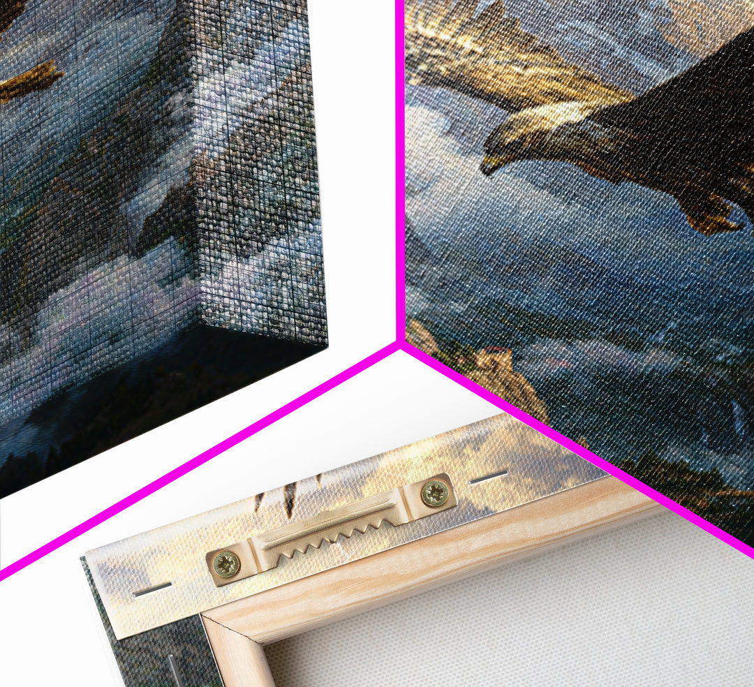 Soaring Eagle Over Stormy Mountain Castle Wall Art, Fantasy Landscape Canvas, Dramatic Wildlife Decor, Epic Gift For Him