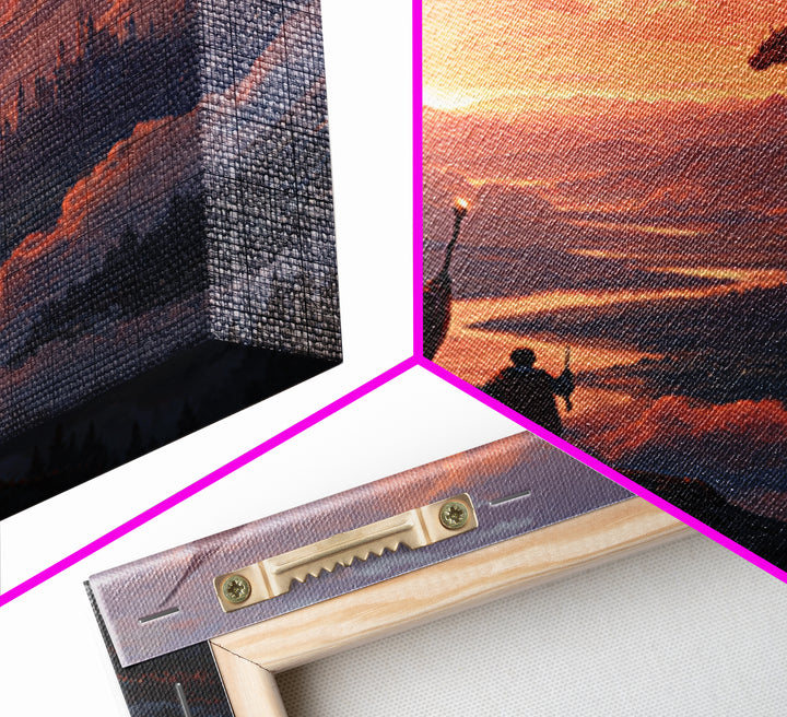 Sunset Dragon Over Mountain Valley Framed Canvas Print, Fantasy Castle Wall Art, Wizard Adventure Decor, Epic Gift For Him