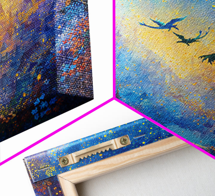 Blue Enchanted City With Golden Stars Canvas Print, Whimsical Fairy Tale Wall Art, Fantasy Castle Decor, Magical Gift For Her