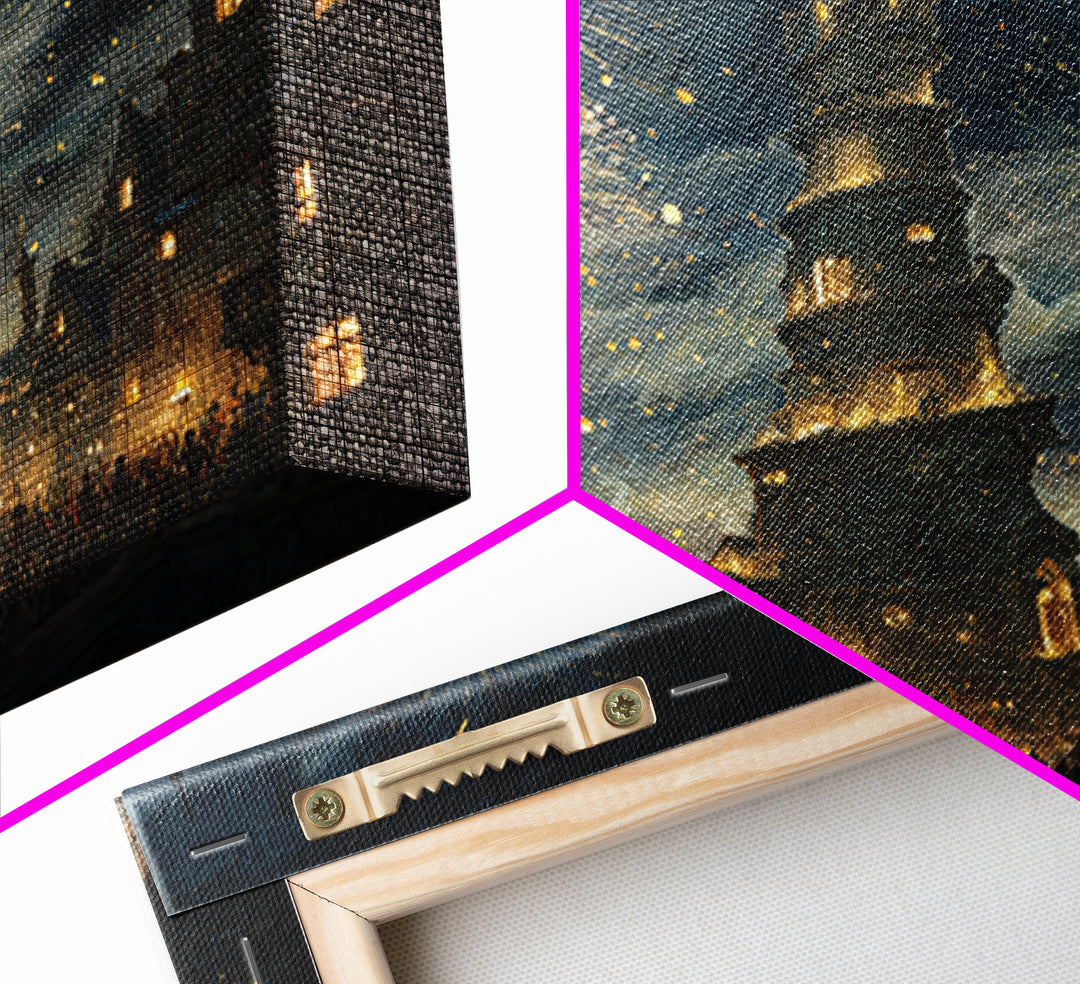 Fireworks Over Leaning Fantasy Tower Framed Canvas Print, Medieval Magical City Wall Art, Night Festival Decor, Gift For Her