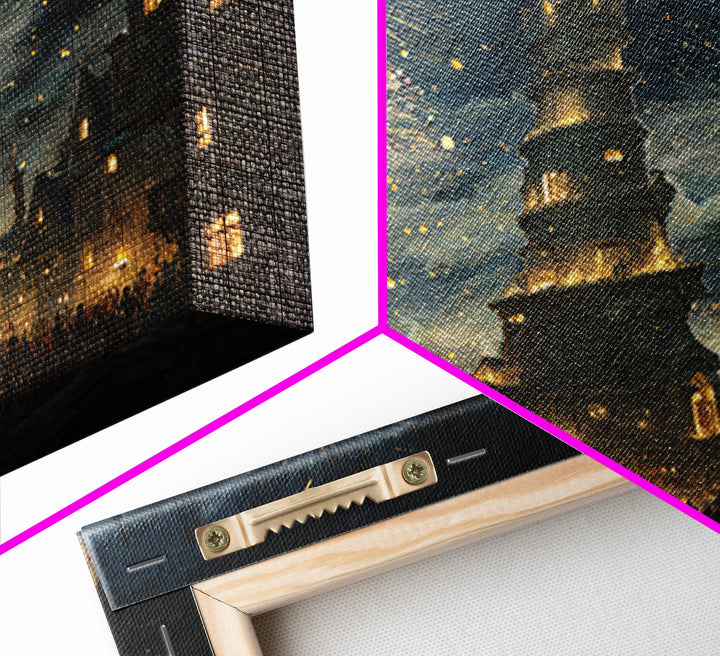 Fireworks Over Leaning Fantasy Tower Framed Canvas Print, Medieval Magical City Wall Art, Night Festival Decor, Gift For Her