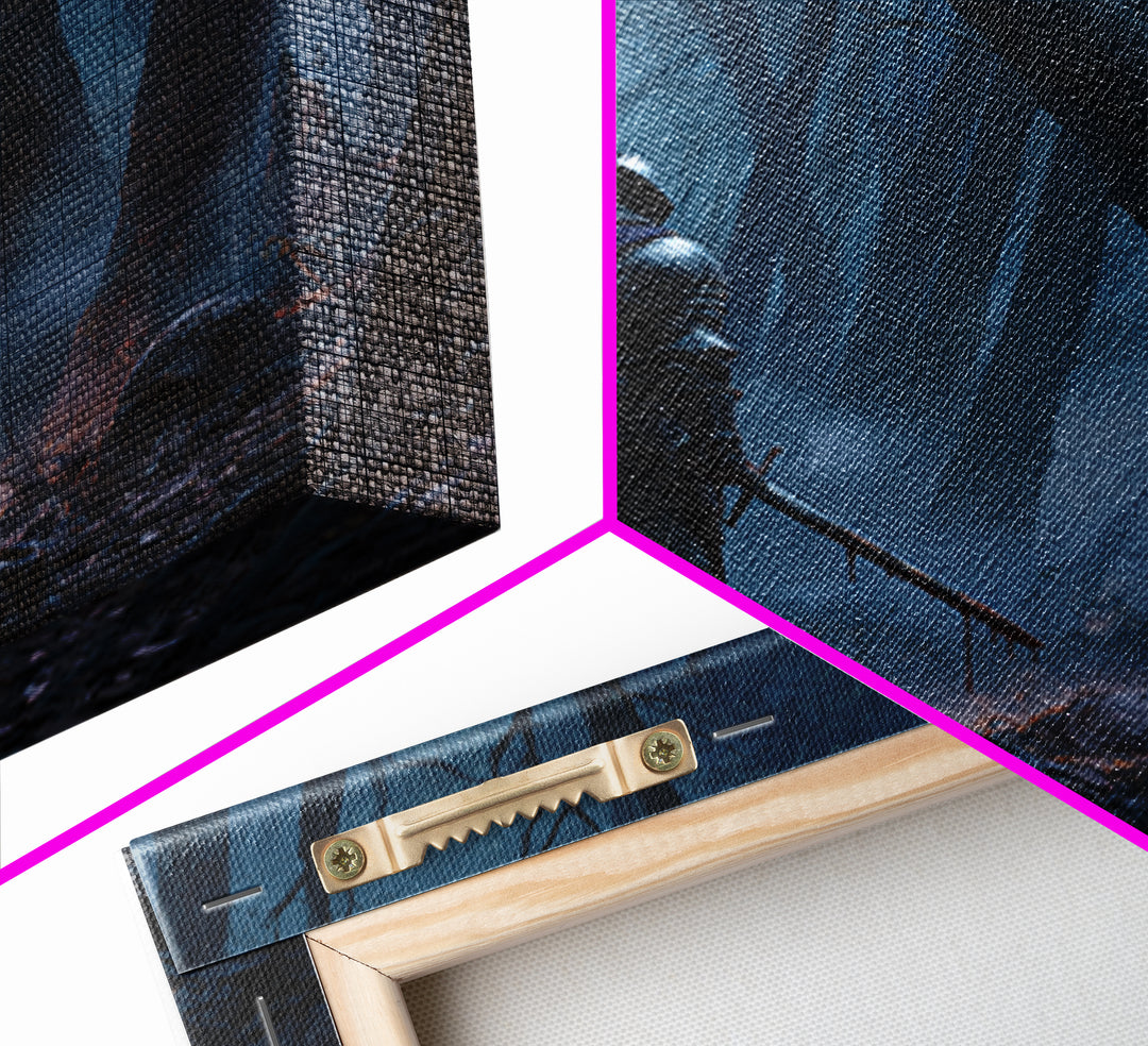 Lone Knight In Misty Blue Forest Wall Art, Dark Fantasy Canvas Print, Medieval Warrior Decor, Gothic Office Art Print Gift