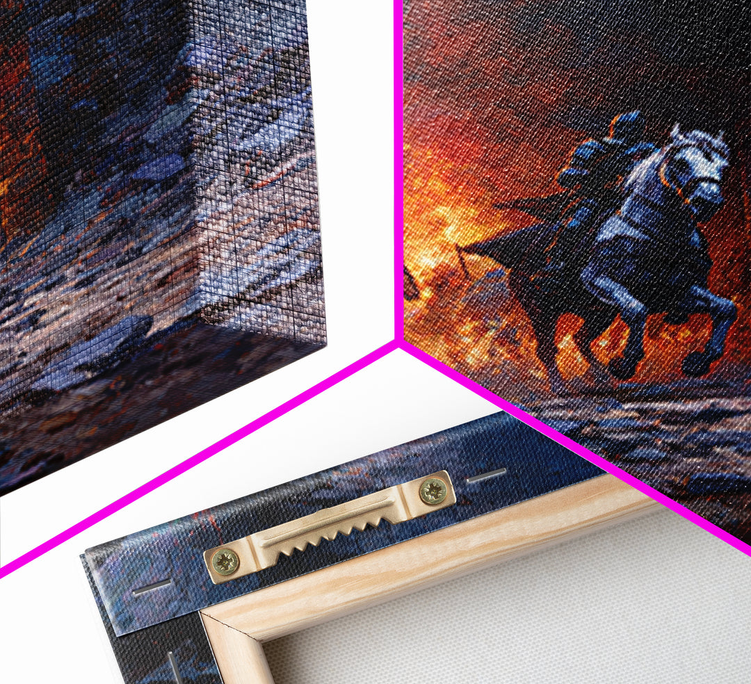 Mounted Knight Escaping Burning Castle Gate, Dark Fantasy Wall Art, Medieval Battle Canvas Print, Gothic Living Room Decor