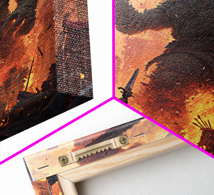 Giant Stone Warrior In Blazing City, Epic Fantasy Wall Art, Medieval Hero Canvas Print, Dramatic Game Room Decor Gift For Him