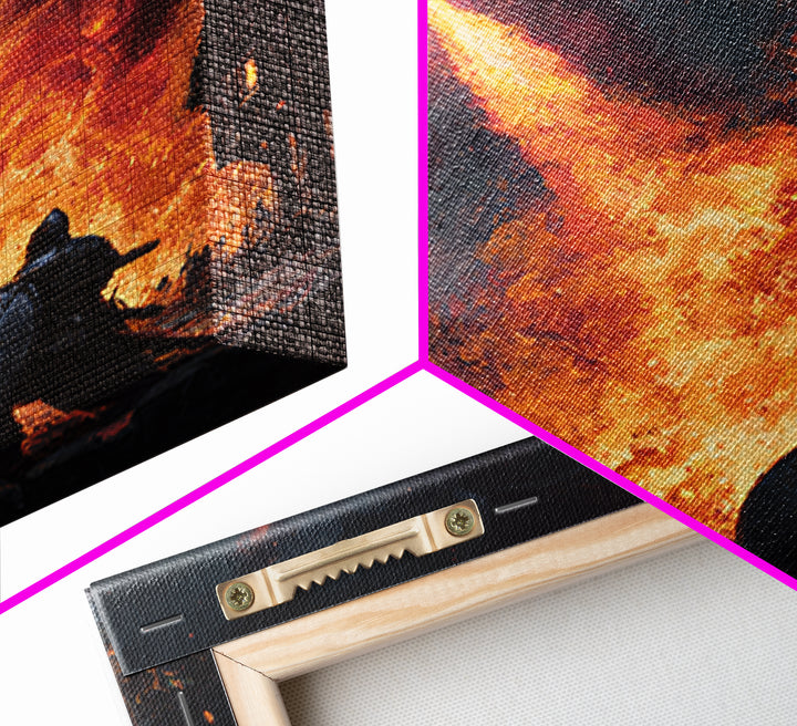 Fire Breathing Dragon Above Shielded Knight, Dark Fantasy Wall Art, Medieval Village Canvas Print, Gothic Castle Decor Gift