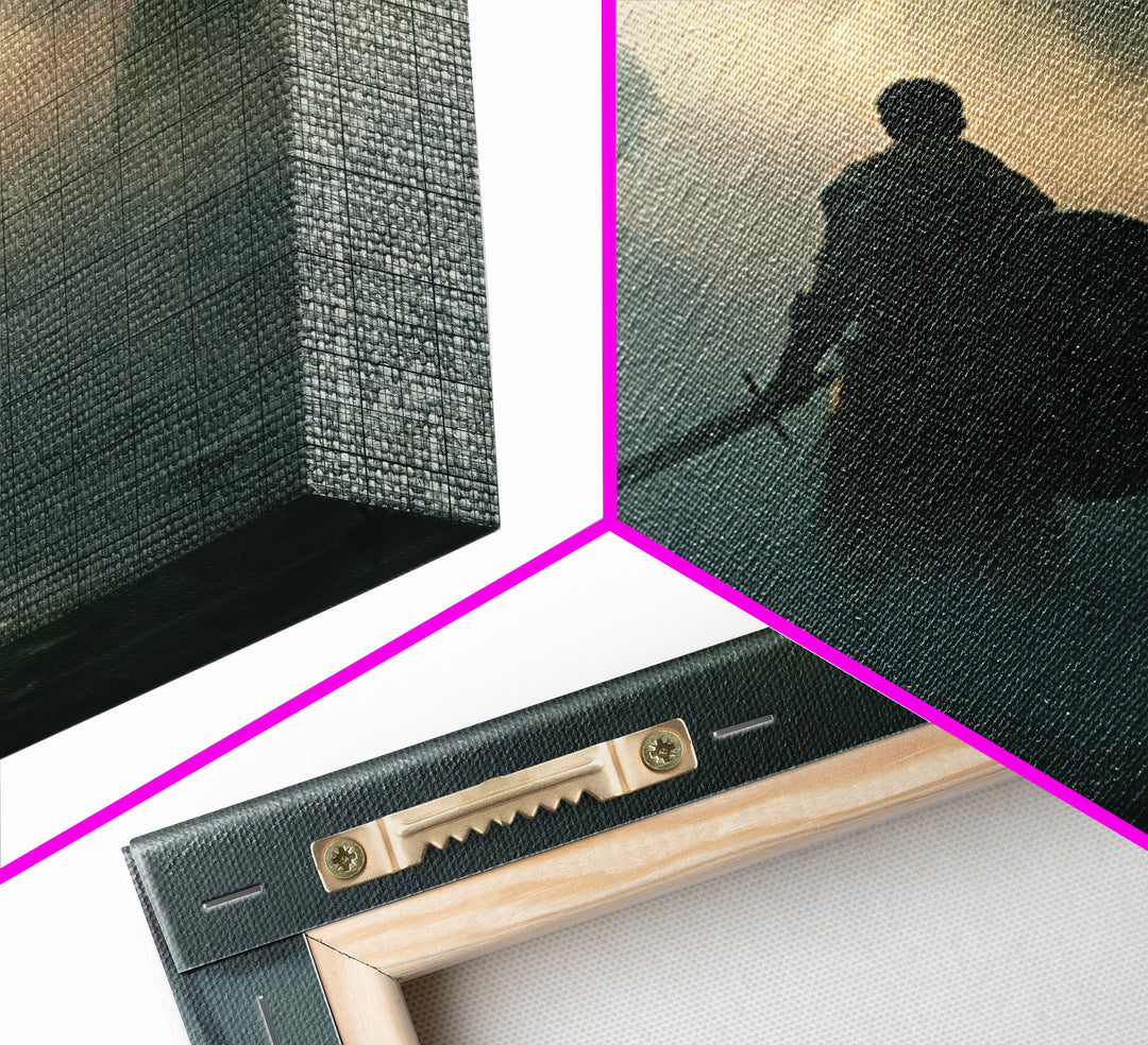 Lone Knight Facing Shadow Giants In Fog, Moody Fantasy Wall Art, Medieval Warrior Canvas Print, Dark Academia Decor Gift