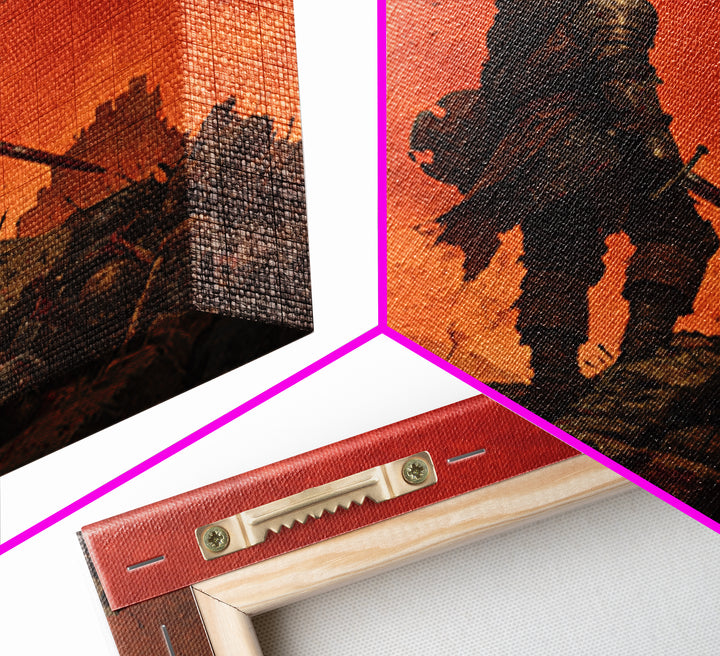 Lone Medieval Warrior On Red Battlefield Wall Art, Dark Fantasy Castle Canvas, Gothic Knight Decor, Dramatic Game Room Print