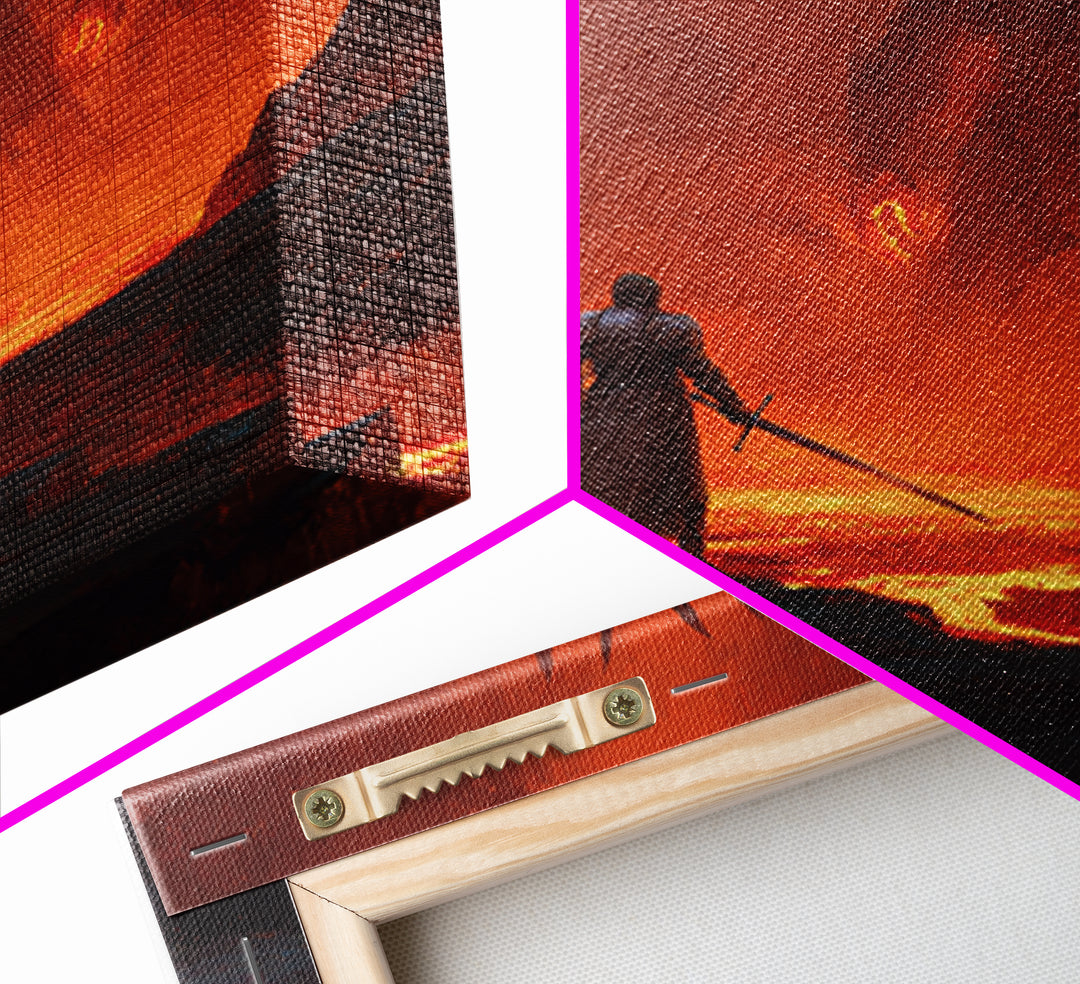 Knight Facing Fiery Demon In Lava Realm Canvas Print, Dark Fantasy Wall Art, Gothic Battle Decor, Epic Gaming Room Poster