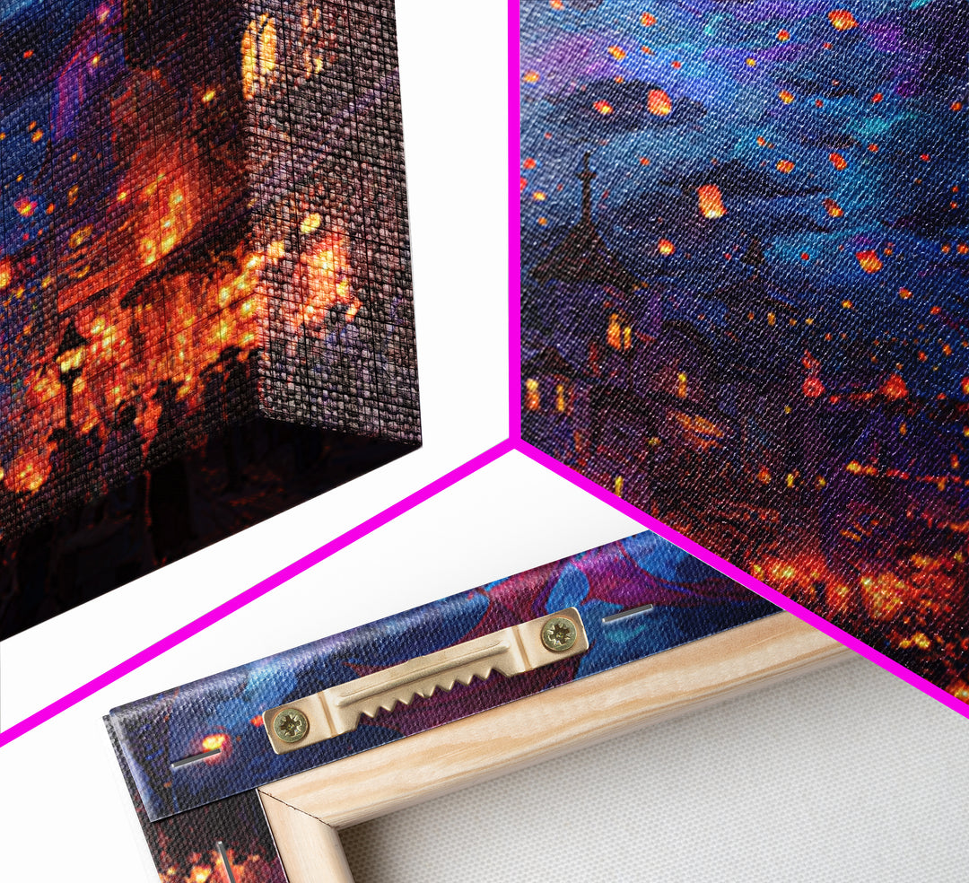 Purple Dragon Over Lantern Festival Wall Art, Whimsical Fantasy City Canvas, Magical Night Decor, Colorful Kids Room Poster