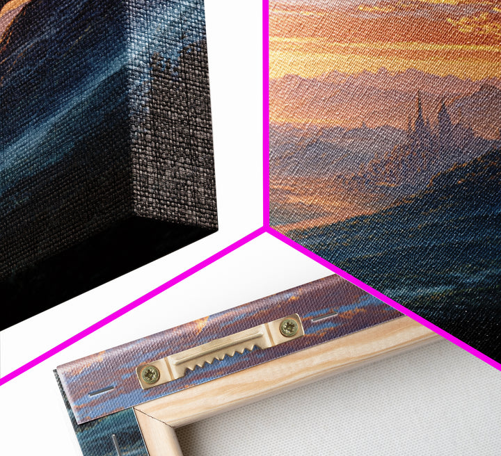 Mountain Dragon Watching Sunrise Kingdom Wall Art, Fantasy Landscape Canvas Print, Castle Decor, Epic Adventure Gift For Gamers