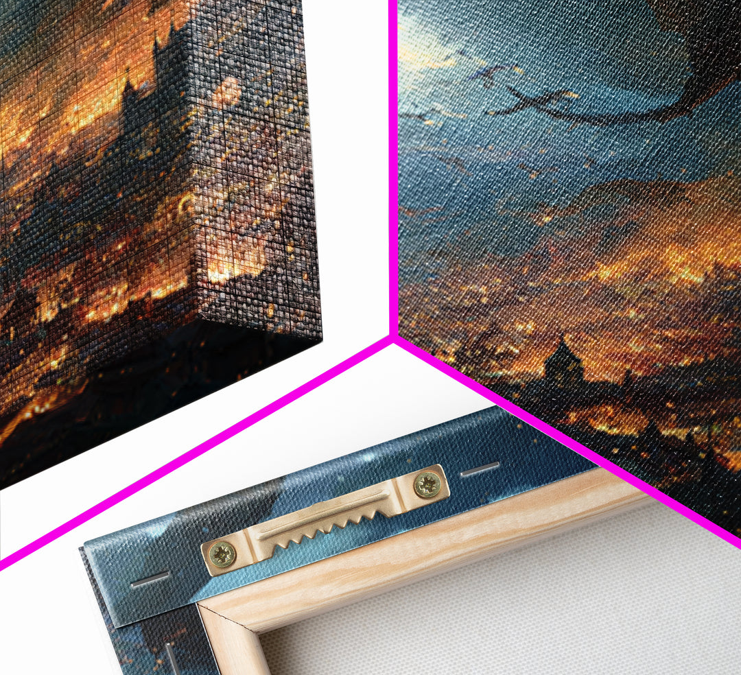 Fire Breathing Dragons Attacking Burning City Canvas Print, Dark Fantasy Wall Art, Medieval Battle Decor, Gamer Room Gift