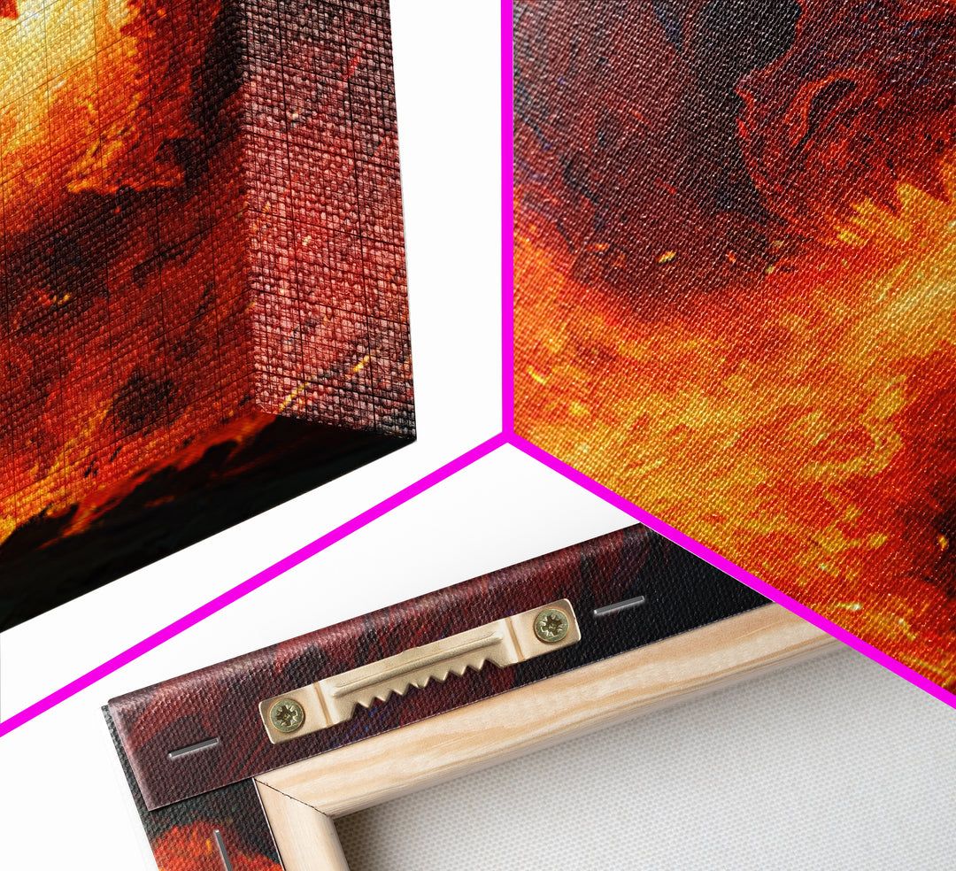 Red Dragon Breathing Fire At Brave Knight Wall Art, Dark Fantasy Canvas Print, Epic Medieval Battle Decor, Gamer Gift For Him