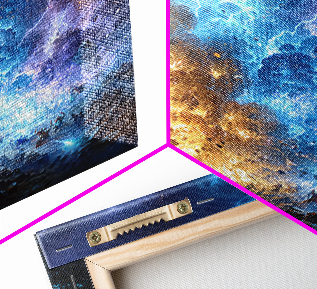Blue And Gold Elemental Storm Battle Wall Art, Fantasy Canvas Print, Lightning Fire Landscape, Dramatic Gamer Room Decor