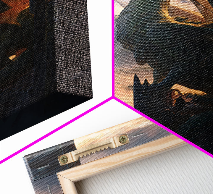 Majestic Dragon On Castle Tower Framed Canvas Print, Fantasy Wall Art, Mountain Landscape Decor, Medieval Adventure Gift