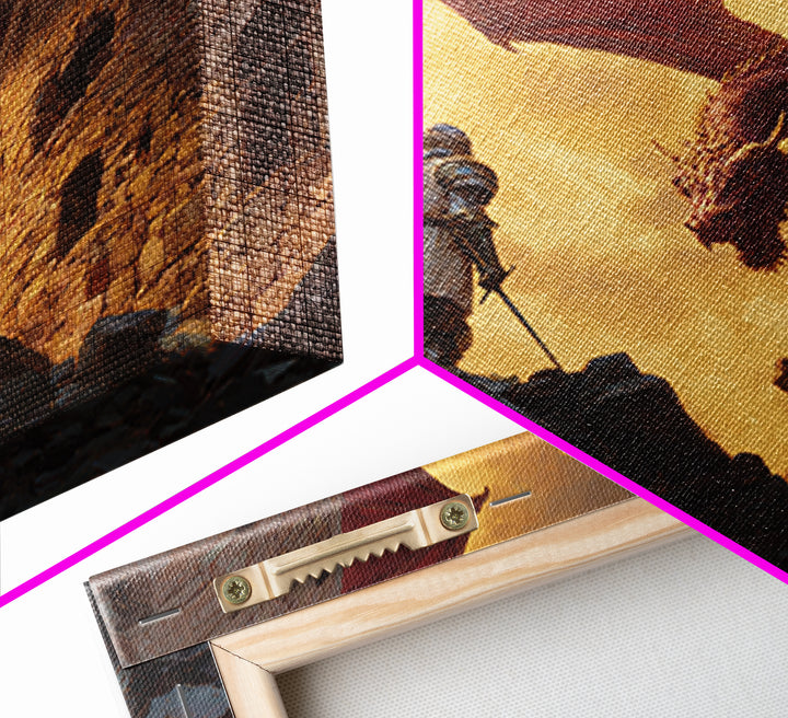 Knight Facing Red Dragon By Castle Tower Framed Canvas Print, Medieval Fantasy Wall Art, Epic Gaming Room Decor Gift For Him