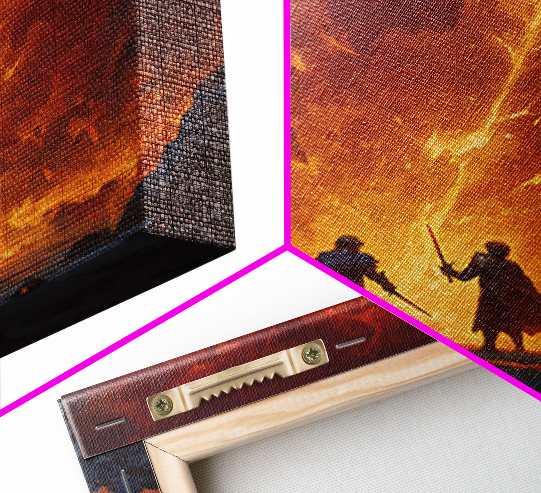 Heroes Battling Fire Demon In Inferno Wall Art, Dark Fantasy Canvas Print, Epic Dungeons And Dragons Gaming Room Decor Gift
