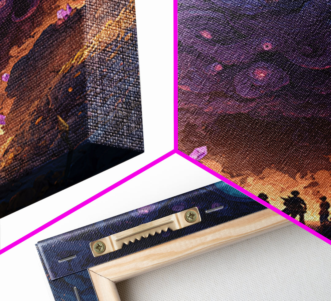 Adventurers Beneath Giant Cosmic Eye Canvas Print, Surreal Dark Fantasy Wall Art, Dungeon Cave Gaming Room Decor Gift For Him