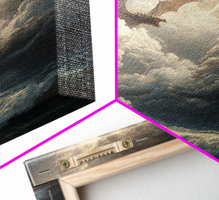 Dragon Flying Through Lightning Storm Over Ocean Wall Art, Dark Fantasy Seascape Canvas Print, Nautical Gothic Decor Gift