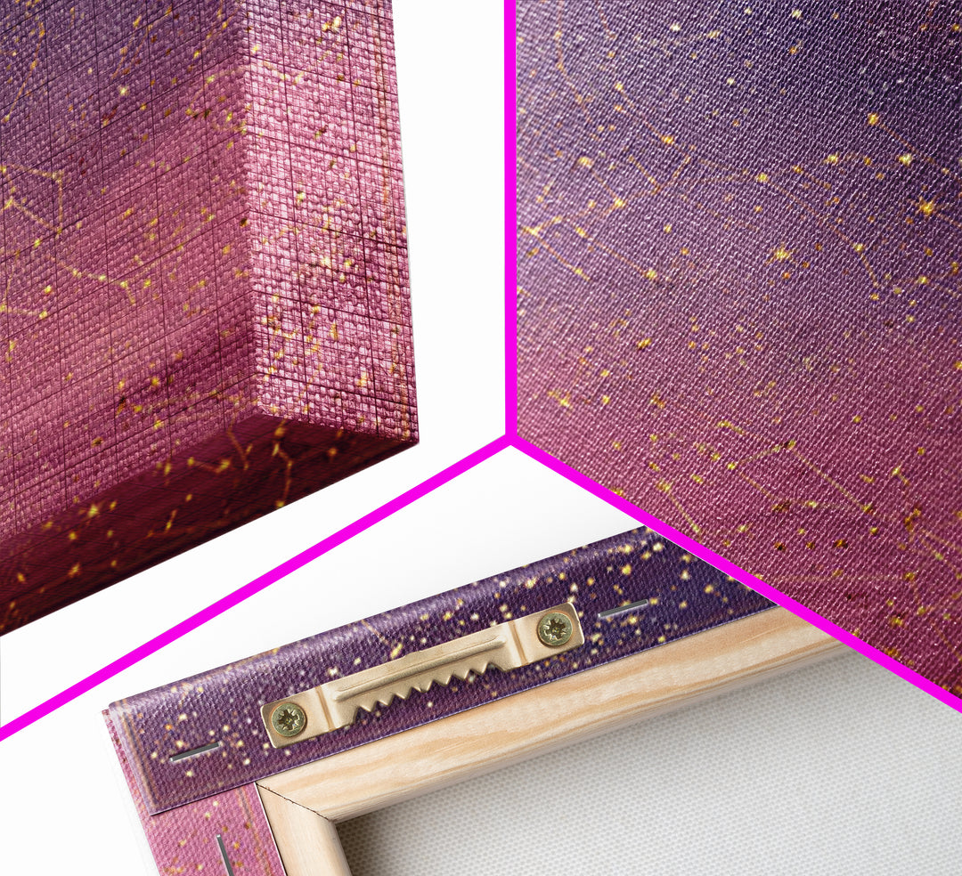 Golden Zodiac Constellation Sky Wall Art, Astrology Poster, Celestial Wall Decor, Mystical Purple Bedroom Art Print Gift