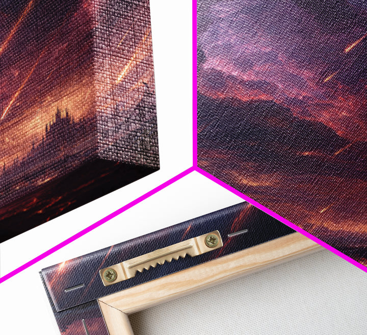 Meteor Storm Wizard Fantasy Wall Art, Dark Castle Canvas Print, Apocalyptic Sky, Gothic Gaming Room Decor, Unique Gift For Him