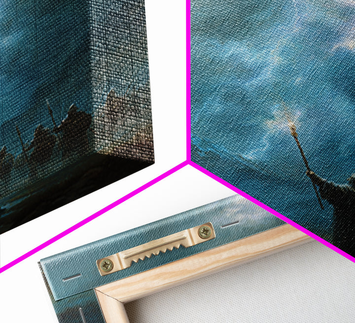 Storm Wizard Raising Lightning Wall Art, Epic Fantasy Canvas Print, Blue Mountain Battle Scene, Dark Academia Office Decor