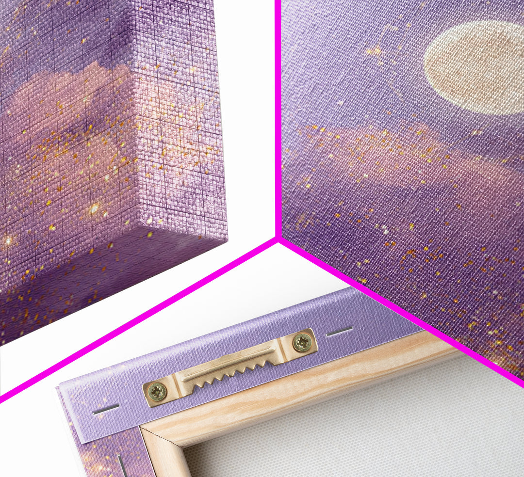 Full Moon With Golden Constellations Wall Art, Celestial Canvas Print, Purple Cloud Decor, Mystical Bedroom Gift For Her