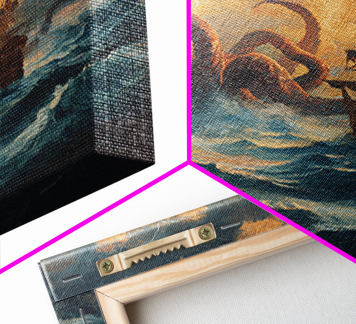 Storm Kraken And Tall Ship In Tempest Seas Canvas Print, Nautical Fantasy Wall Art, Ocean Monster Decor, Gift For Him, Coastal Home Decor