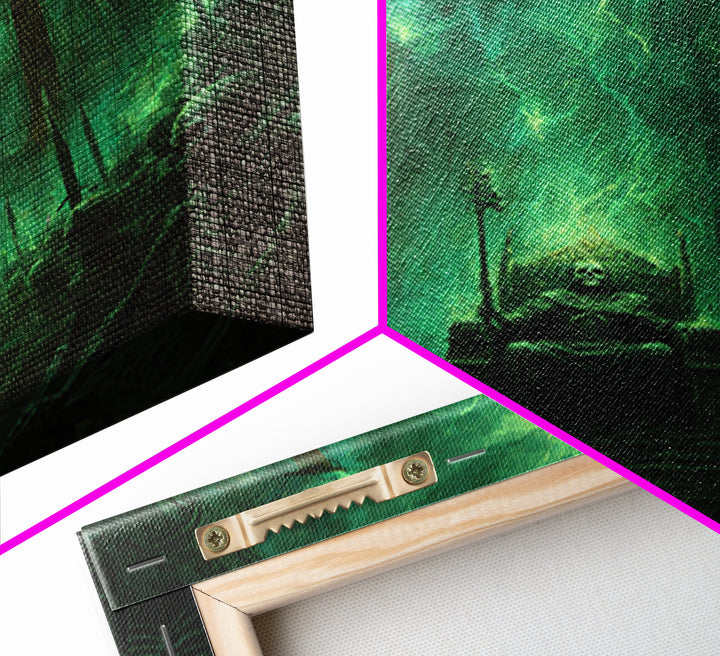 Emerald Necromancer Throne With Skeleton Army Framed Canvas Print, Gothic Wall Art, Dark Fantasy Decor, Occult Office Art