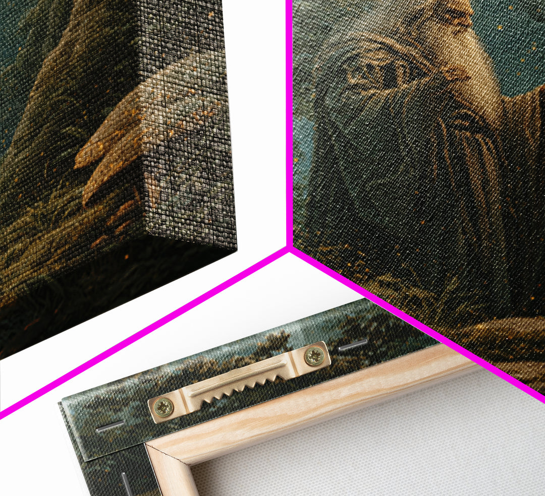 Ancient Wizard With Glowing Staff Framed Canvas Print, Fantasy Wall Art, Enchanted Forest Home Decor, Dark Academia Gift