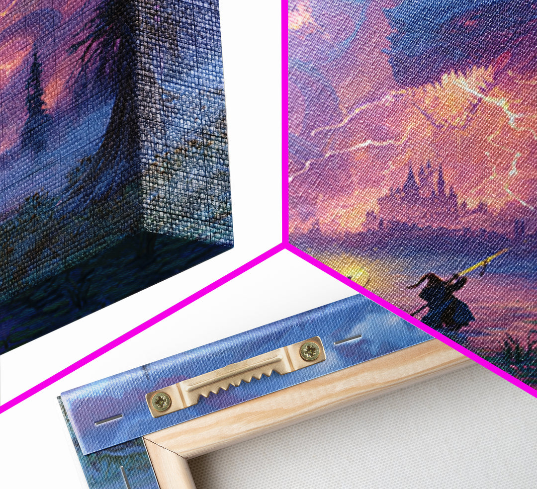 Epic Blue Dragon Battle Over Misty Castle Canvas Print, Fantasy Wall Art, Dungeons And Dragons Decor, Gamer Room Decor Gift