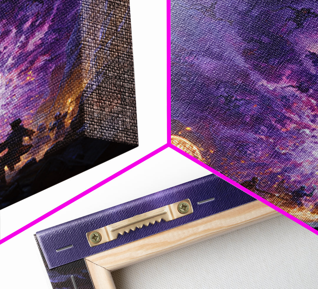 Wizard Party Fighting Purple Demon Portal Wall Art, Dark Fantasy Canvas Print, Dungeons And Dragons Game Room Decor Gift