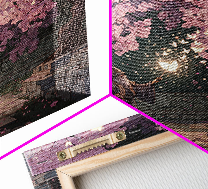 Wizard Casting Light Beneath Cherry Blossoms Canvas Print, Fantasy Wall Art, Pink Floral Magical Garden Home Decor, Unique Gift