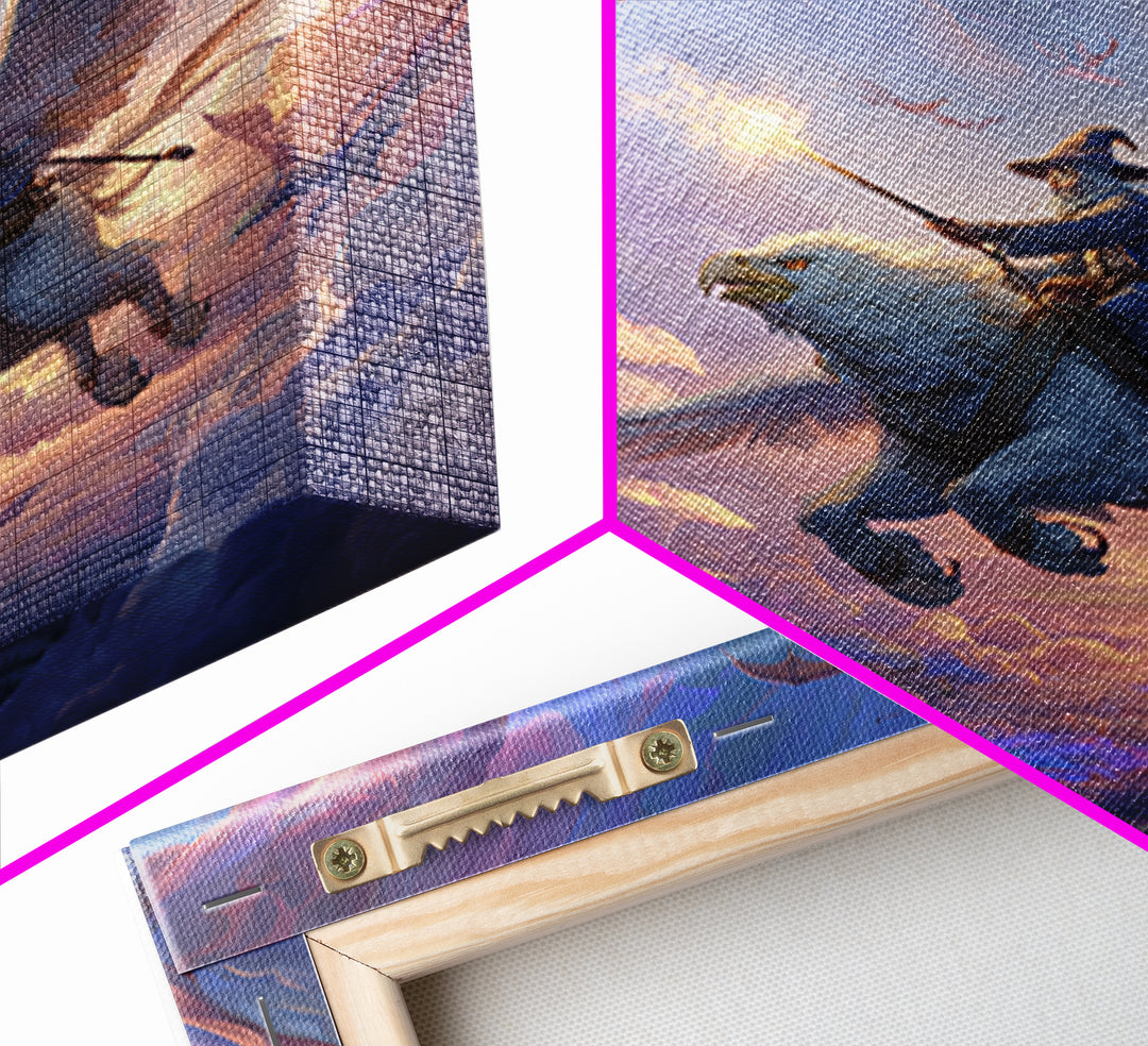 Griffin Rider Sky Battle Wall Art, Whimsical Fantasy Canvas Print, Pastel Dragon Decor, Magical Nursery Or Game Room Art
