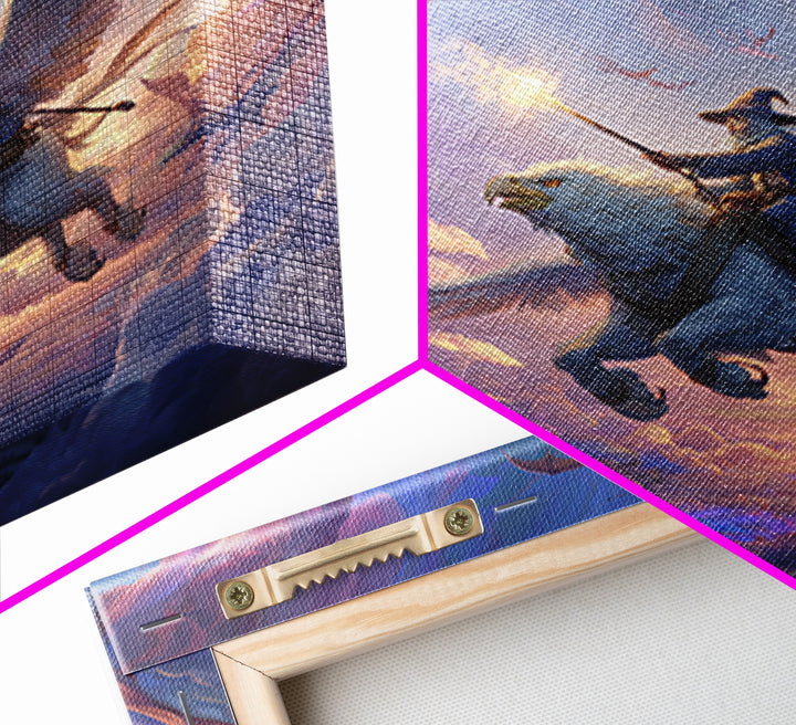 Griffin Rider Sky Battle Wall Art, Whimsical Fantasy Canvas Print, Pastel Dragon Decor, Magical Nursery Or Game Room Art