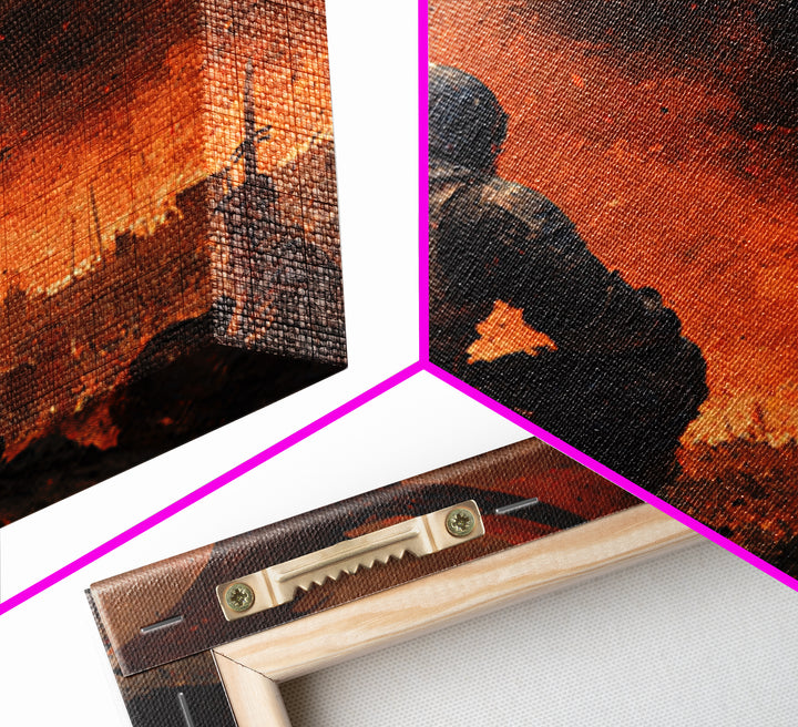 Kneeling Knight Before Dragon Canvas Print, Dark Fantasy Battle Painting, Medieval Warrior Wall Decor, Gothic Adventure Gift For Him