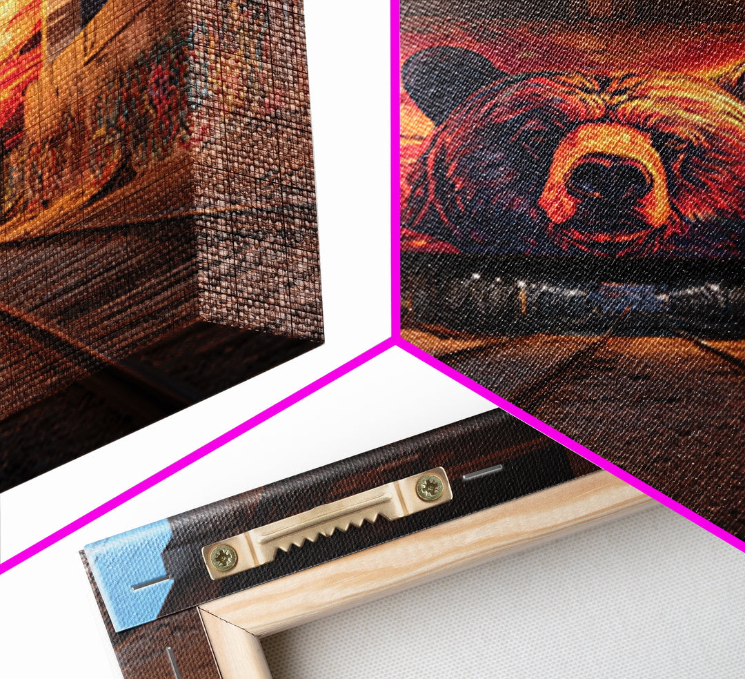Sunset Bear Railroad Mural Framed Canvas Print, Urban Graffiti Wall Art, Industrial Decor, Wildlife Statement Art, Man Cave Decor