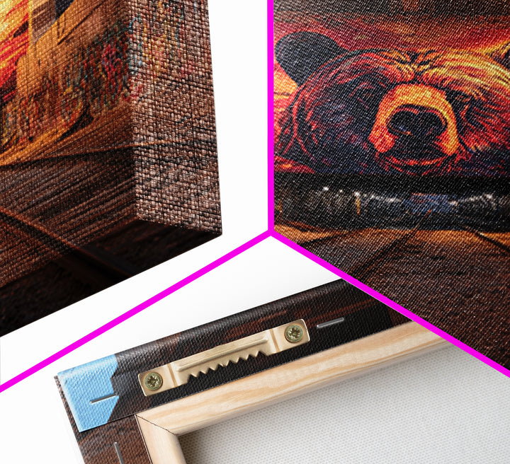 Sunset Bear Railroad Mural Framed Canvas Print, Urban Graffiti Wall Art, Industrial Decor, Wildlife Statement Art, Man Cave Decor