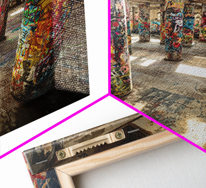 Graffiti Covered Concrete Pillars Canvas Print, Abandoned Warehouse Street Art, Industrial Loft Wall Decor, Urban Home Decor
