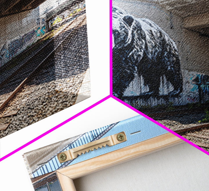 Black Bear Graffiti Mural By Train Tracks Canvas Print, Urban Wildlife Wall Art, Industrial Street Art Decor For Modern Loft