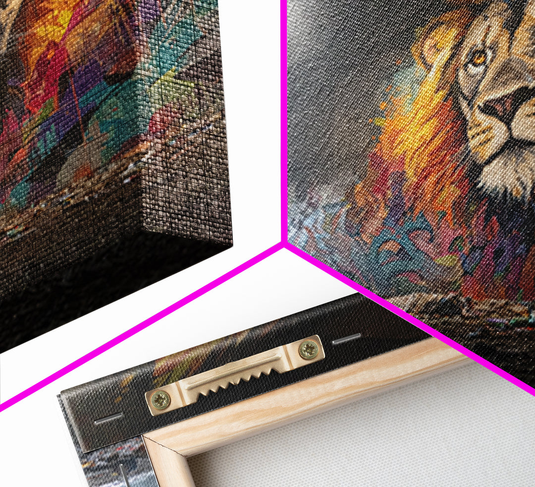 Underground Lion Mural In Shadowed Tunnel Framed Canvas Print, Urban Wildlife Wall Art, Graffiti Decor, Moody Street Photography
