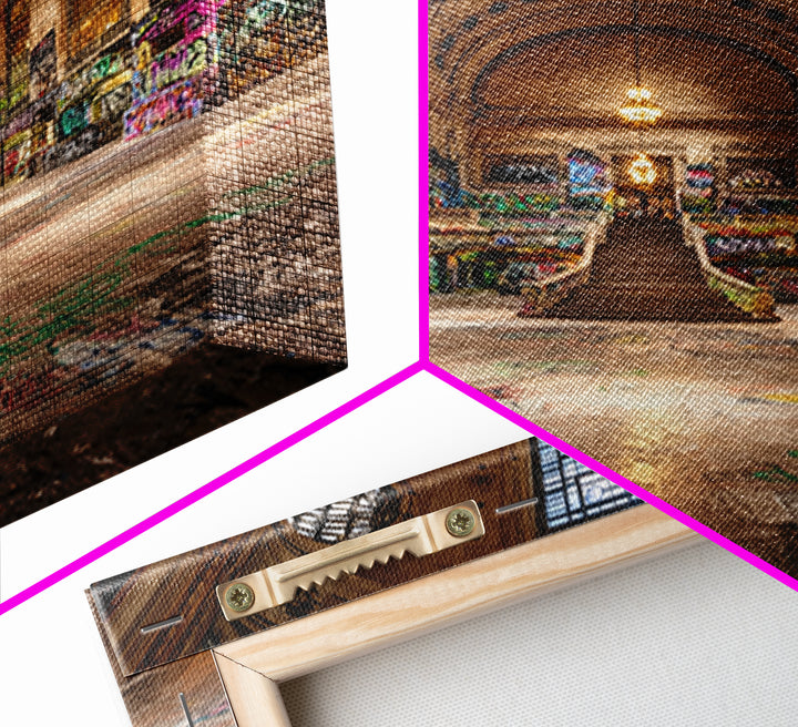 Abandoned Grand Hall Graffiti Framed Canvas Print, Urban Street Art, Industrial Wall Decor, Large Statement Artwork, Modern Home Decor