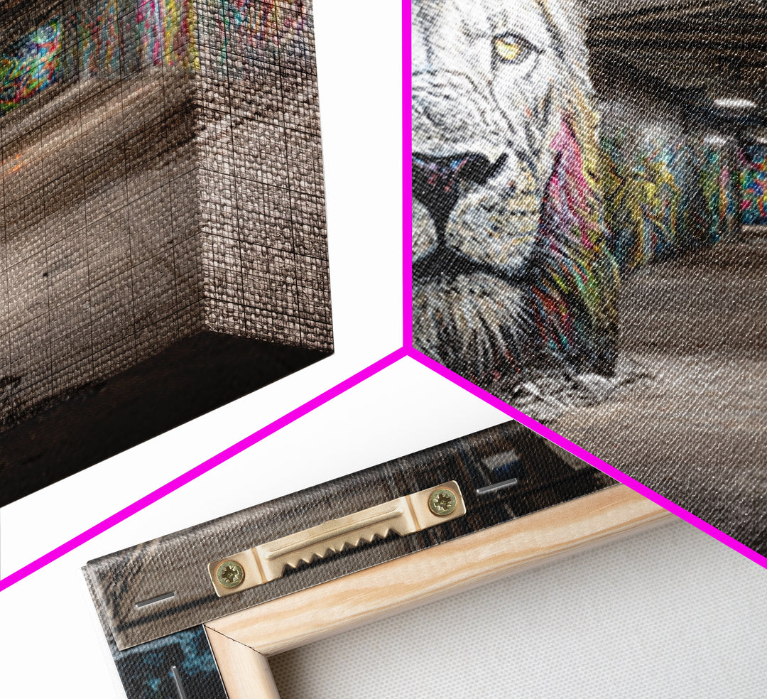 White Lion Graffiti Tunnel Wall Art, Urban Street Art Canvas Print, Wildlife Mural Decor, Industrial Loft Statement Art Gift