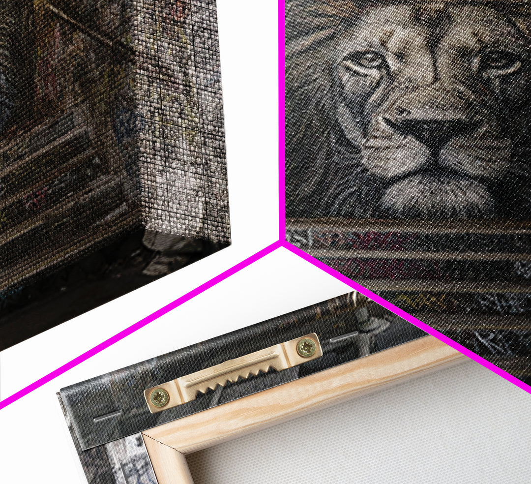 Realistic Lion Stairwell Wall Art, Urban Graffiti Mural Canvas Print, Street Art Decor, Bold Animal Office Poster For Men