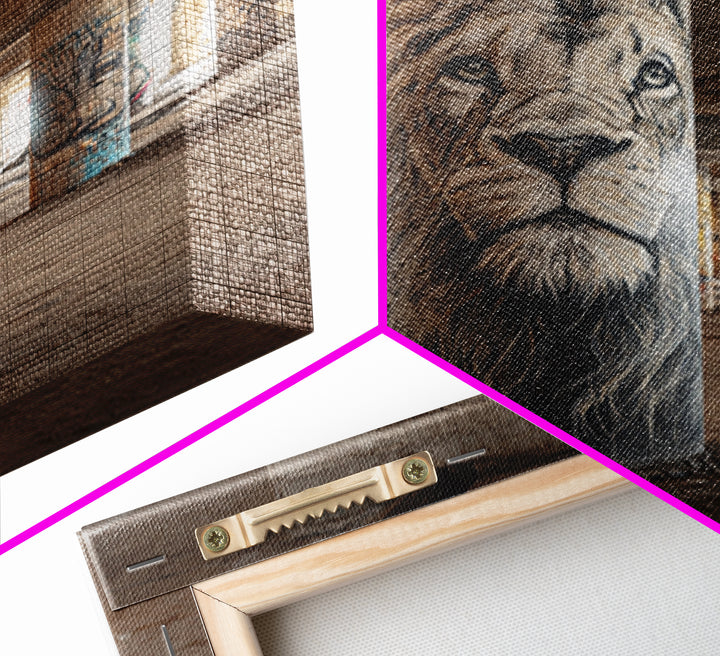 Realistic Lion Portrait On Concrete Pillar Wall Art, Urban Wildlife Canvas Print, Graffiti Decor For Office And Man Cave