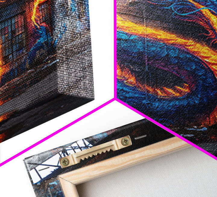 Neon Dragon Graffiti On Abandoned Brick Wall Art, Cyberpunk Street Art Canvas Print, Bold Urban Home Decor Gift For Gamer Room