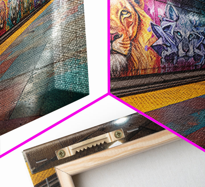 Vivid Lion Graffiti Subway Platform Canvas Print, Urban Street Art For Gaming Room Decor And Bold Modern Home Decor Wall Decor